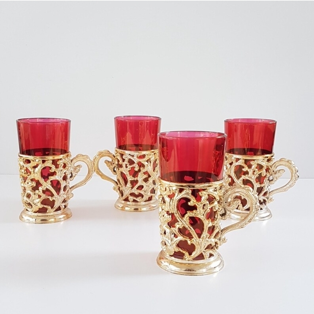 4pc Italian 8oz Cranberry Glass Cups Ornate Plastic Scrolled Sleeve Turkish Tea